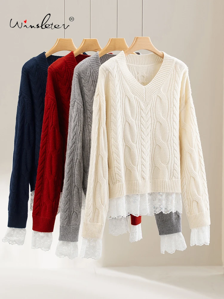 

Winsleter-100% элегантный свитер из овечьей шерсти, кружевной пэчворк с V-образным вырезом, женский мягкий вязаный свитер во французском стиле ретро, новинка весны 2026 T5D911CC