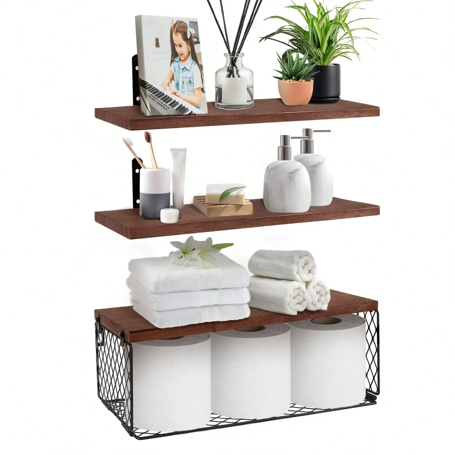 

TAIMASI 15.7in Brown Rustic Wood Bathroom Floating Shelves: Multi-Room Decor & Holiday/Housewarming Gift