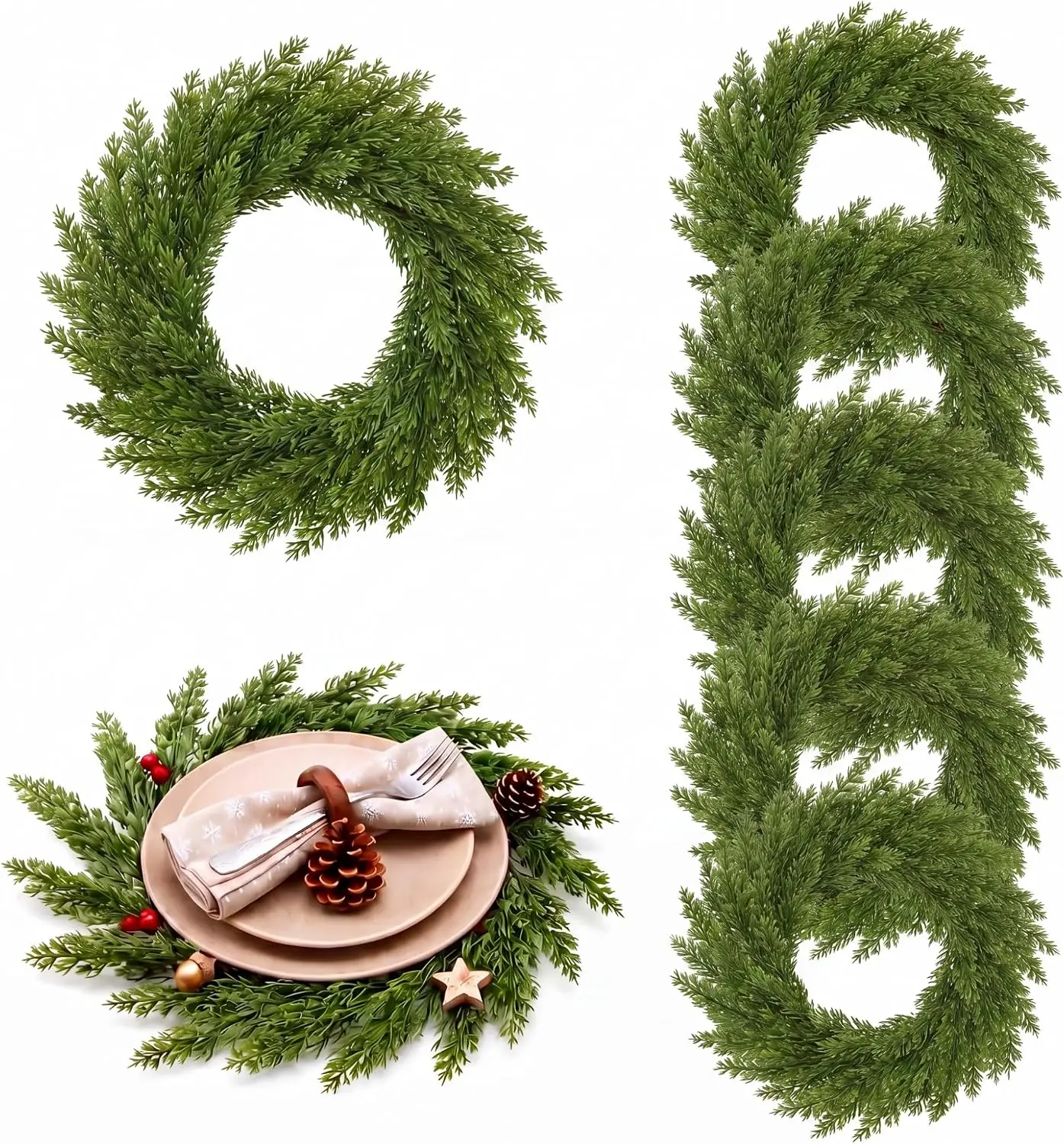 6-Pack Round Christmas Placemats Artificial Greenery Wreath Dining Table Decor Soft Pine Needles