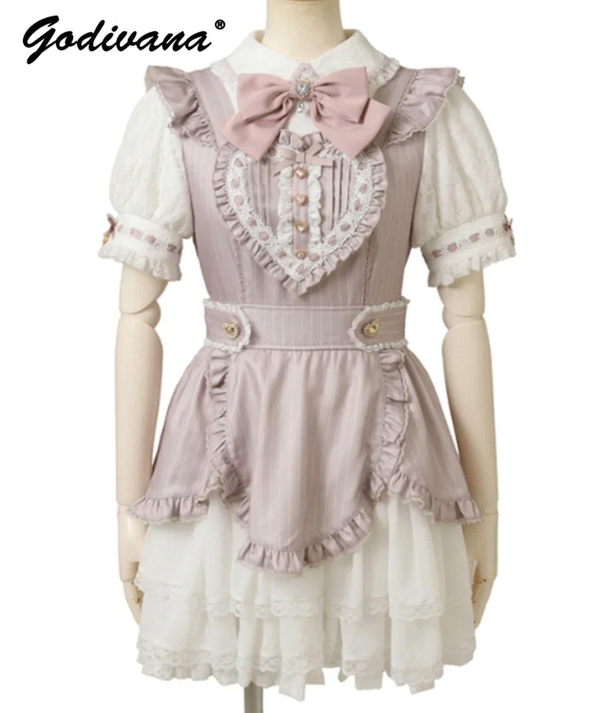 

Japanese New Summer Liz Dress Girls Women's Sweet Bow Love Pattern Striped Patchwork Short Sleeve OP Dresses
