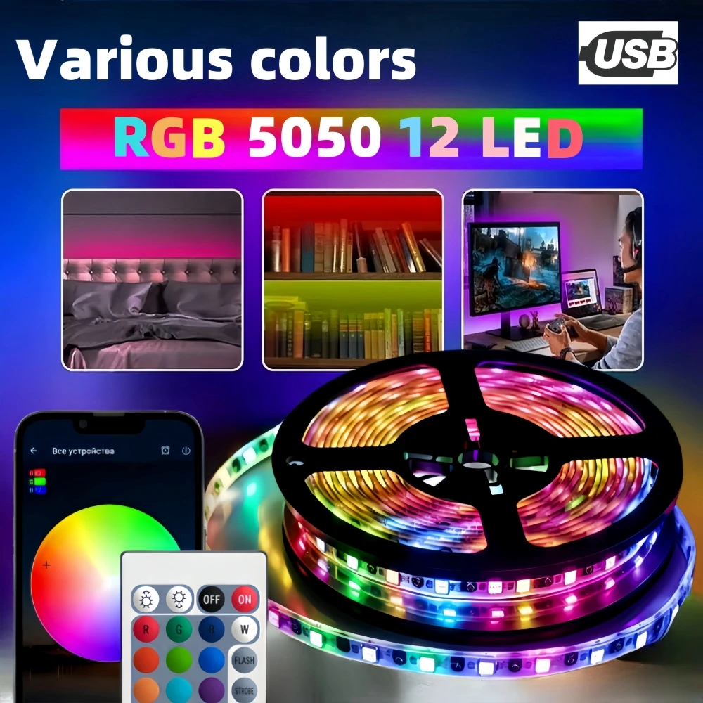 Flexível RGB LED Strip Light, Lâmpada Bluetooth Fita para TV Backlight, Decoração Home Party, USB, 12, 20m, 5V