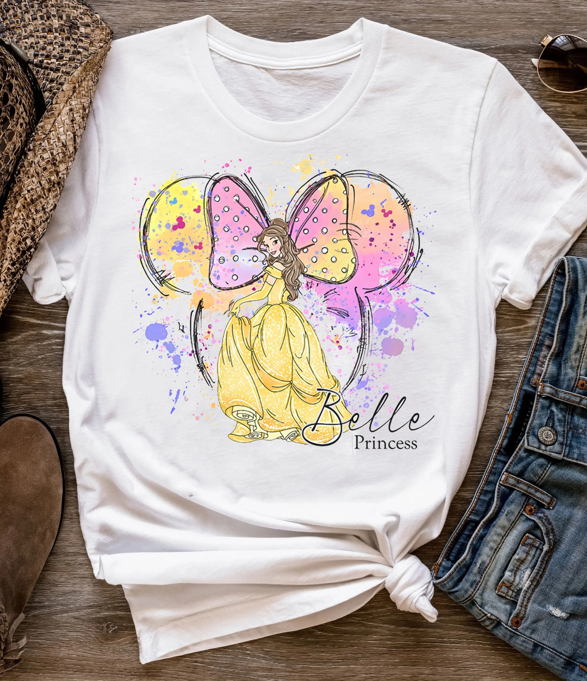 

Retro Disney Belle Princess Shirt Cute Minnie Ears Princess Disney T-shirt Water Color Disney Princess Painting