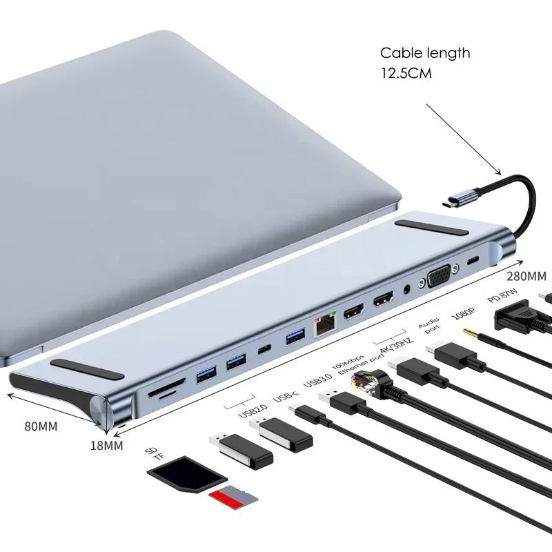 

12 in 1 Laptop USB-C Hub Adapter with HDTV Ethernet Multiport USB 3.0 Universal Type C Docking Station