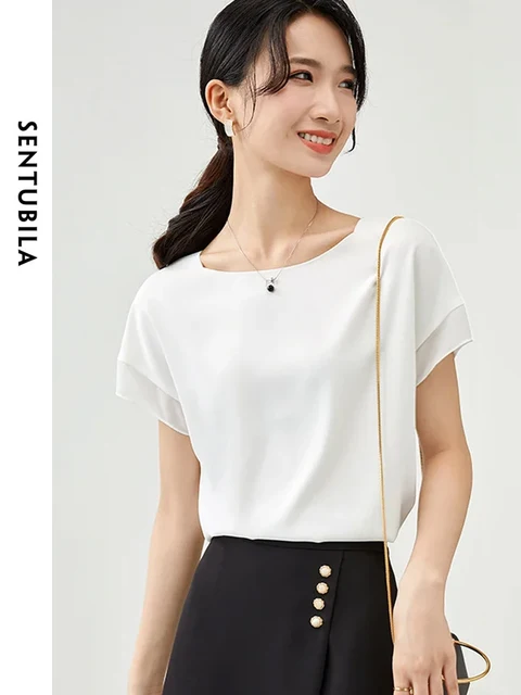 SENTUBILA Elegant Chiffon Blouse Women 2026 Summer Patchwork Short Sleeve O-Neck Simple Loose Straight Chiffon Tops 162VA6570X