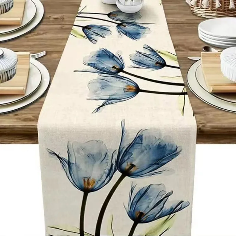 

33*230cm 1pc Blue Orange Tulip Linen Table Rustic Farmhouse Style Table Runner 12.9*90.5inch Kitchen Dining Table Decoration