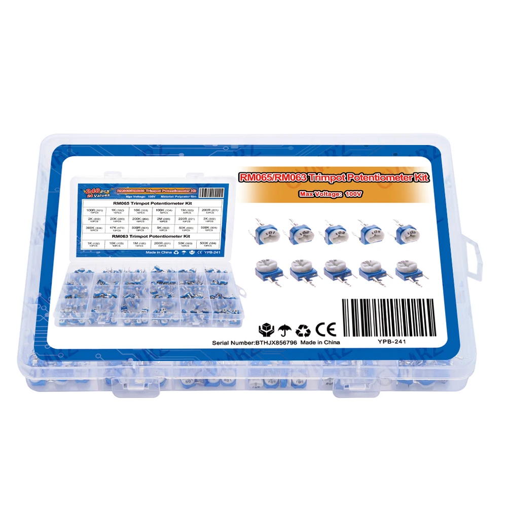 240PCS RM065 Variable Resistor NEW  100R - 2M 24Valuesx10PCS RM063 Carbon Film Horizontal Trimpot Potentiometer Assortment Kit