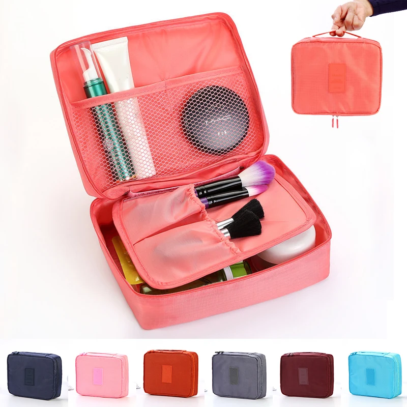 Portable Cosmetic Bag Waterproof Divider Multi-grid Pockets Toiletry Bags Travel Storage Handbags Women Solid Color Make Up Bag