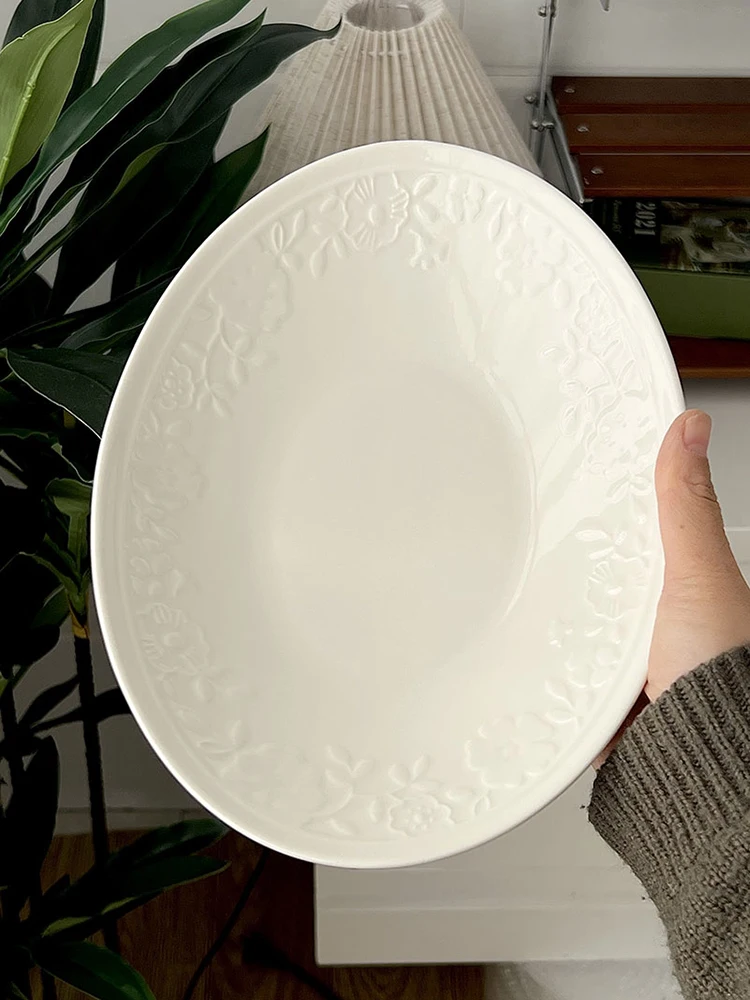 Embossed Oval White Plate Light Luxury Ceramic Deep Plate Salad Breakfast Plate Home Spaghetti Plate Kitchen Tableware