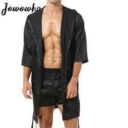 Mens Open Front Hooded Night-robe Satin Pajamas Tops Sleepwear Belted Kimono Half Sleeve Bathrobe Adult Loungewear Nightwear