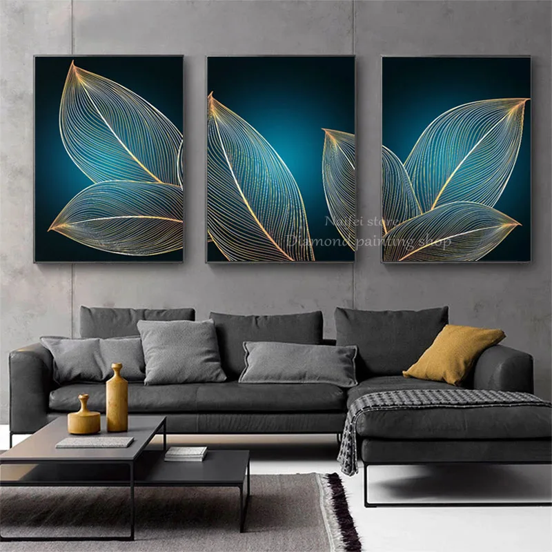 Triptych 5D Diamond Painting Gold Blue Leaf Diamond Mosaic Flower Full Rhinestone Embroidery Adult Cross Stitch Kit Home Decor