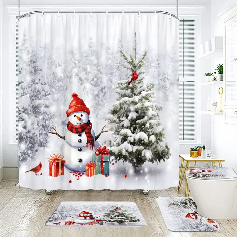 Christmas Snowman Bathroom Shower Curtain Set Christmas Tree Gift Winter Scenery Festive Ambience Hanging Curtain Bathroom Decor