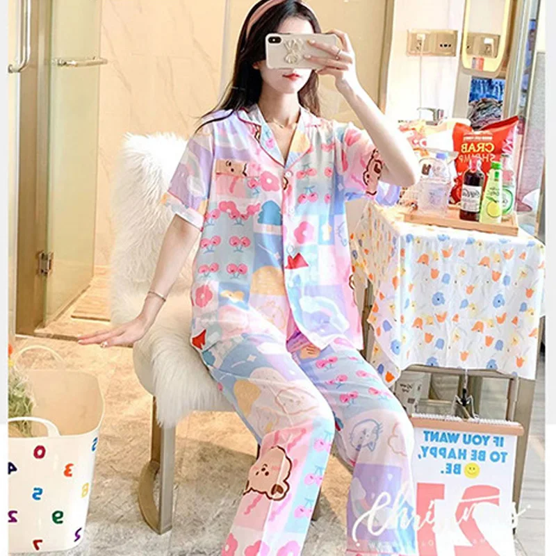 Women\'s Clothing Two-Piece Cardigan Pajamas Summer Thin Section Of Short-Sleeved Pants Printed Cute Casual Comfortable Homewear