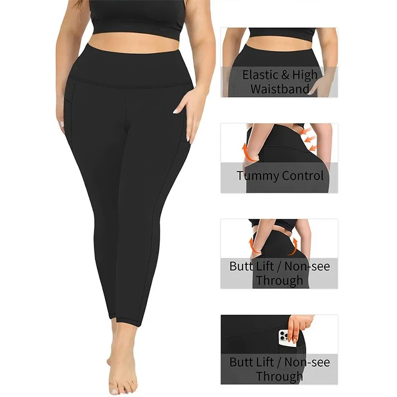 High Waist Leggings Plus Size Slim Fit Cropped Yoga Pants Solid Black Pocket Design Tights Leopard Print Butt Lifting Workout