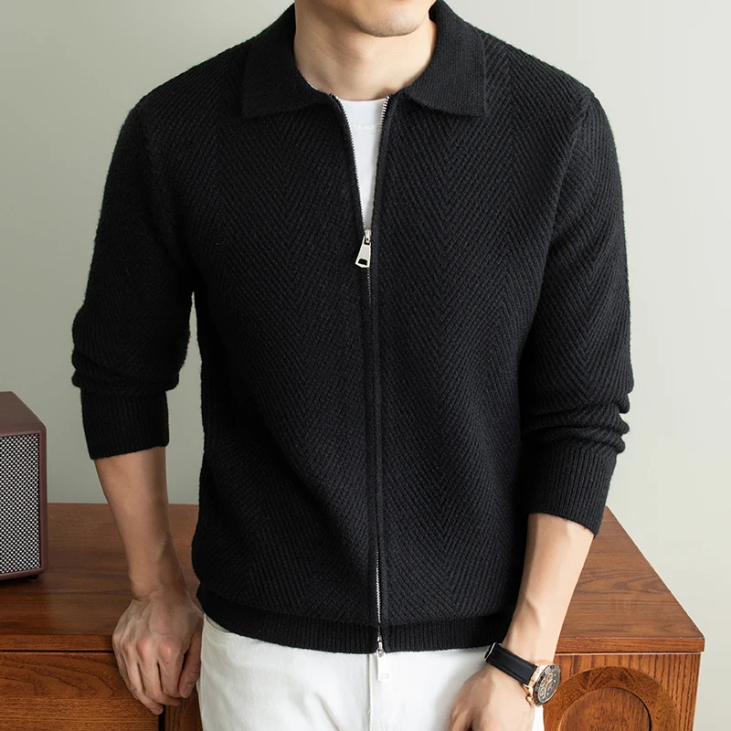 Fashion double zipper lapel knitted cardigan men's high-quality new solid color autumn winter casual comfort luxury sweater coat