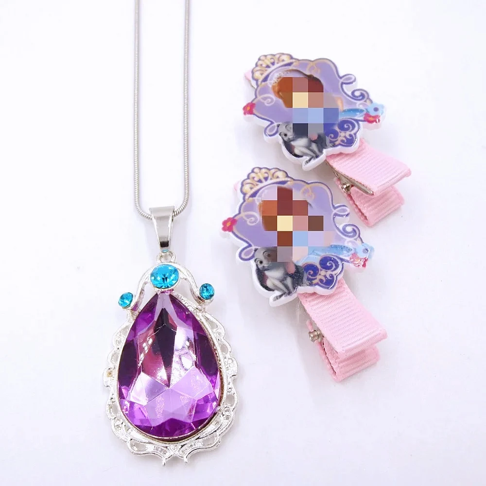 NEW 1set/lot So Fia The First Necklace Gift For Kids Girl Hairpin Purple Amulet Pendant Necklaces Children Hairwear Jewelry set