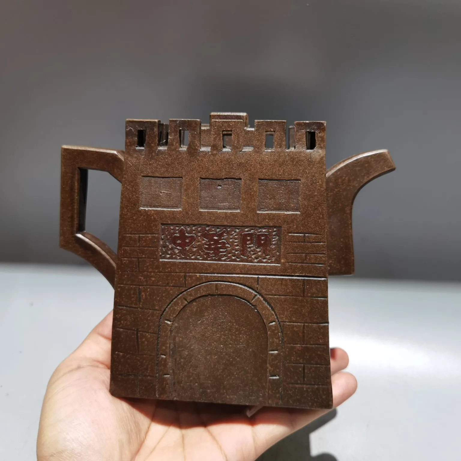 Old Chinese Handcraft Enameled  YiXing Zi Sha Clay  (red stoneware) Teapot,Castle-shaped,with mark,Free shipping