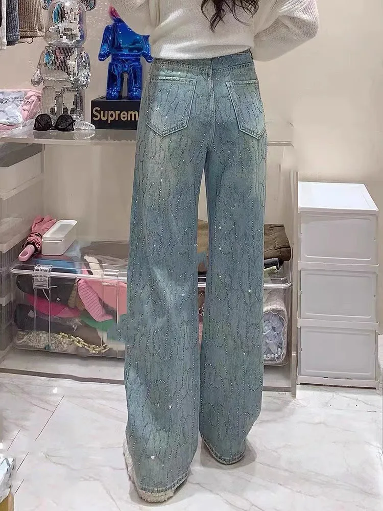 Jean diamant pour femmes, brillant, taille haute, ample, jambes larges, pantalon en Denim, strass bleu, pantalon de nettoyage, Streetwear, mode