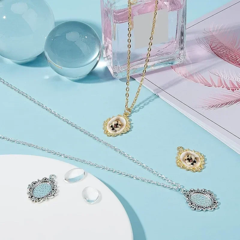 100pcs Blank Bezel Pendant Trays Base Wedding Bouquet Photo Charms Cabochon Settings Pendant with 100pcs Glass Cabochons