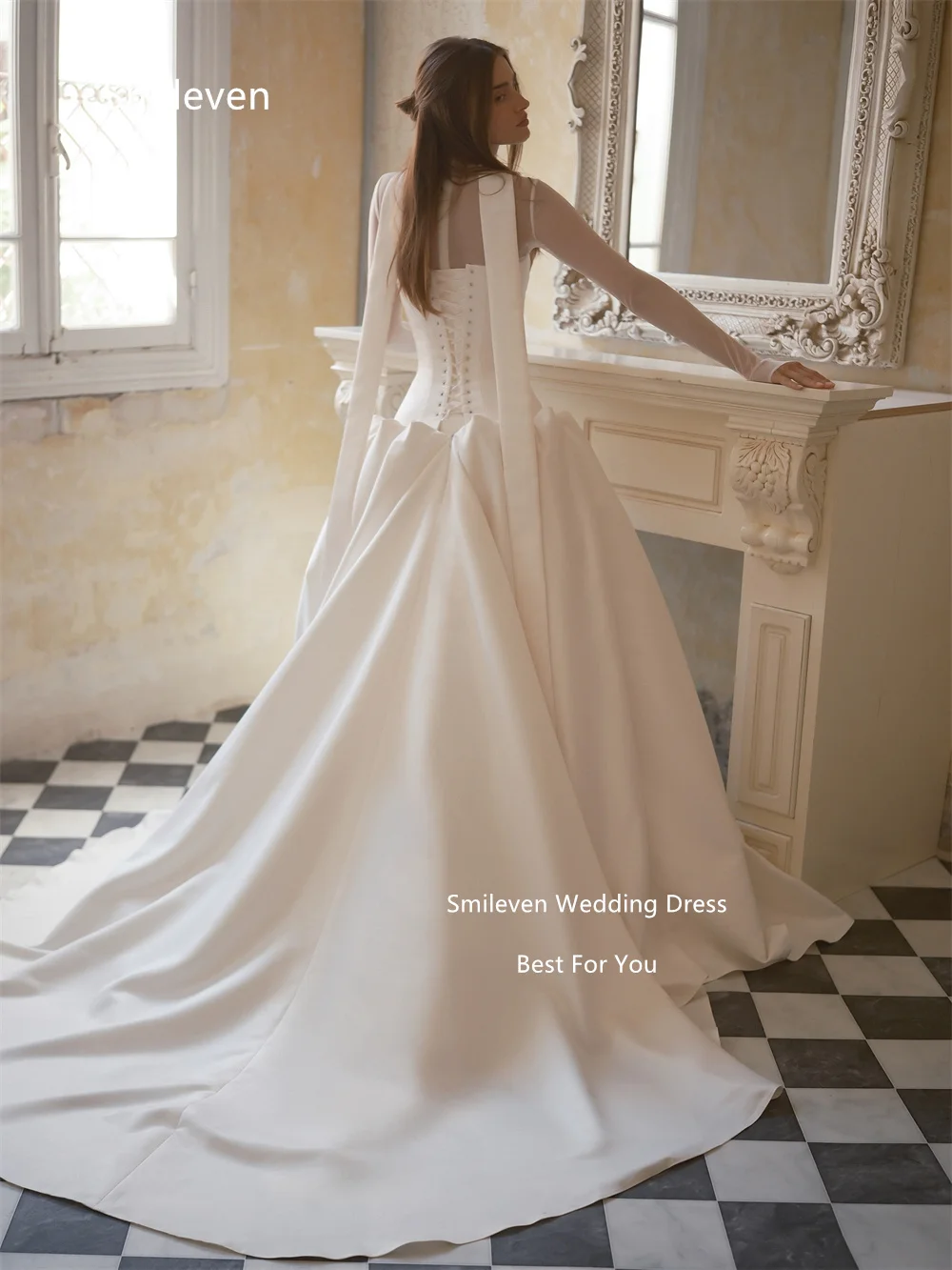 Smileven White Ball Gown Wedding Dresses High Neck Mesh Long Sleeve Bridal Dress Lace‑up Back Cathedral Train Gowns Customized