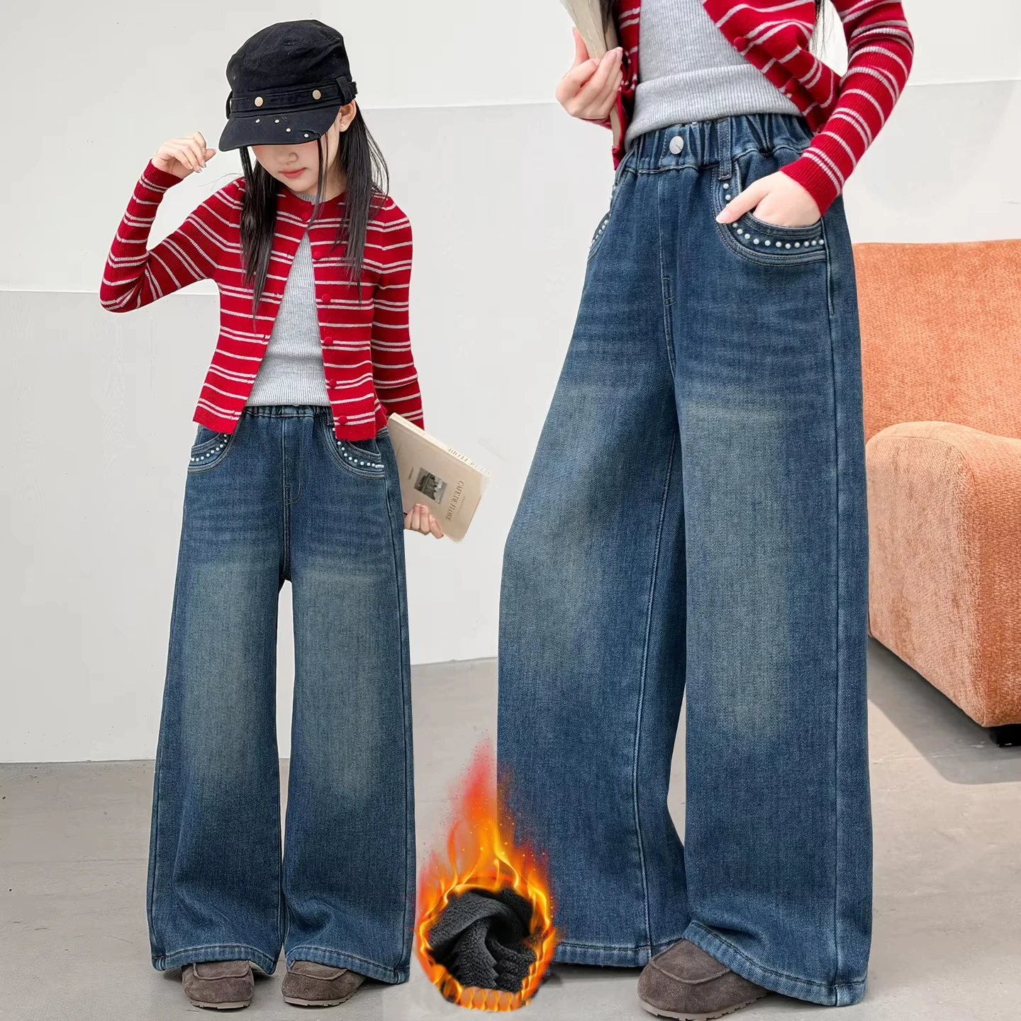 Teenage Girls Winter Warm Jeans with Fleece Lined Children Loose Straight Trousers Kids Thermal Denim Pants with Pocket Pear