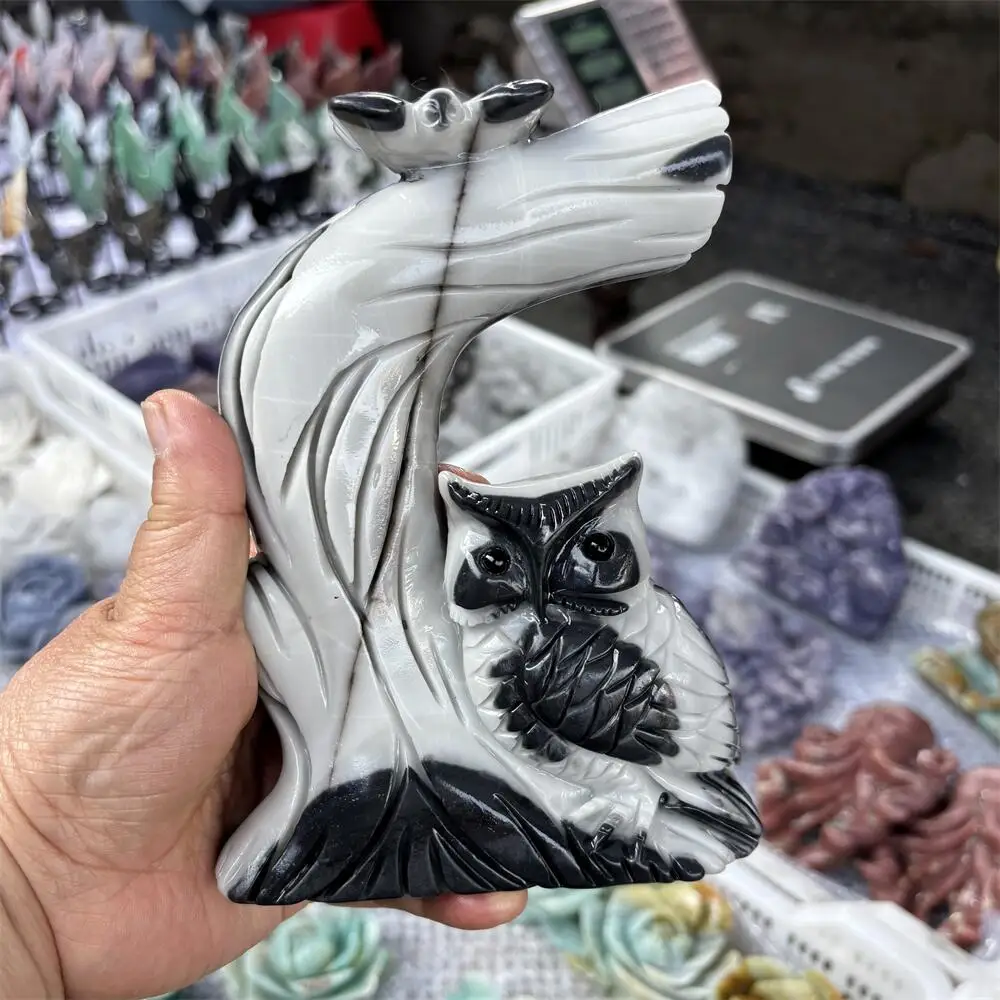 1PCS Natural Tai Chi Jade Owl Carving Statue on Branch Polished Reiki Fengshui High-Quality Room Decor Energy Healing Gift