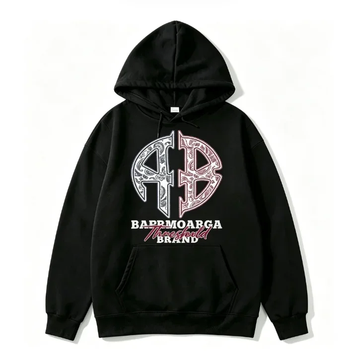 2026 Black Hoodie Sweatshirt, Paisley AB Letter Chest Graphic Hoodie, Unisex Streetwear Hooded Pullover