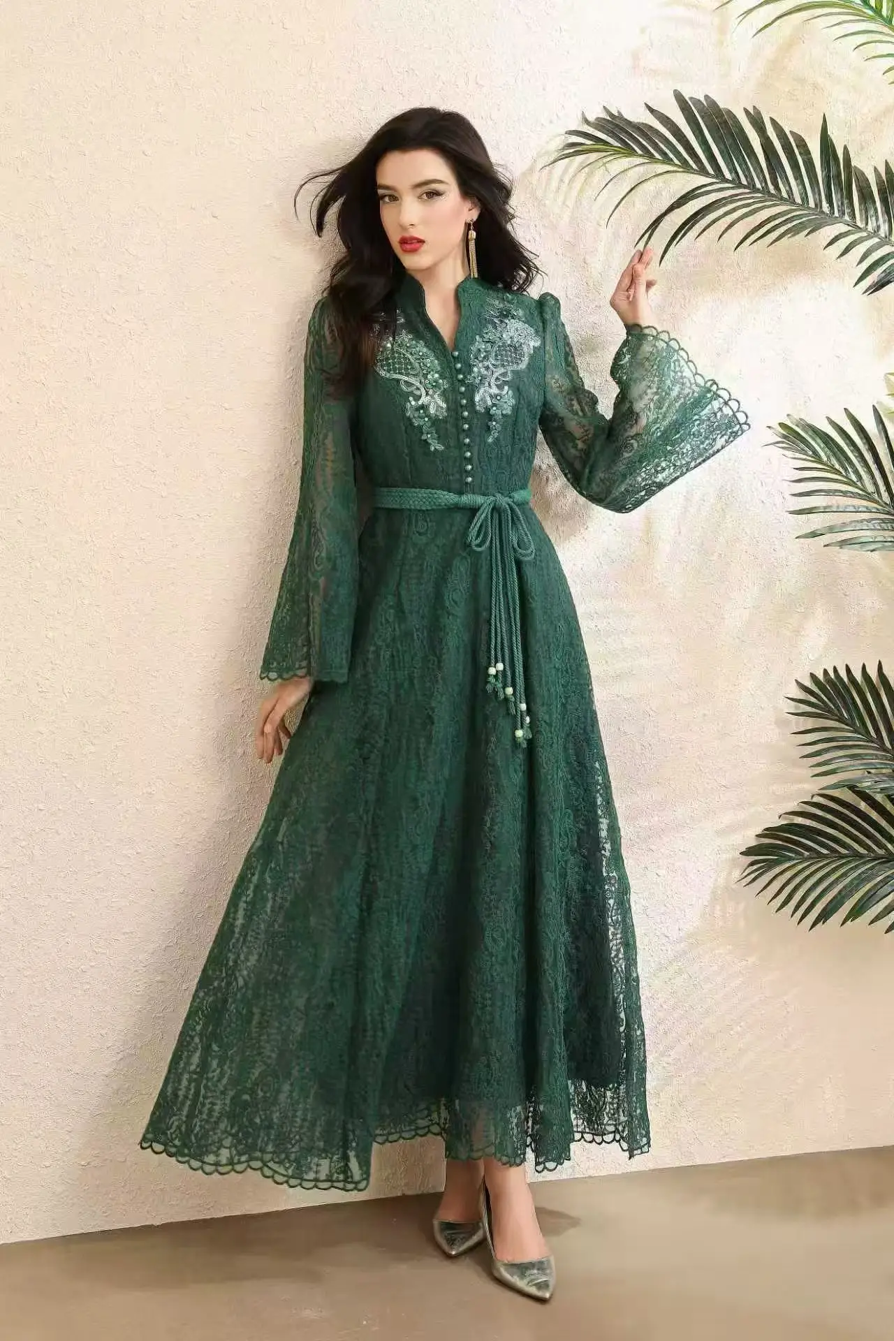 Vintage Elegant Flower Print Loose Long Sleeve Maxi Dress Shirt Women Fashion Palace Midi Vestidos Sequin Formal Evening Dresses