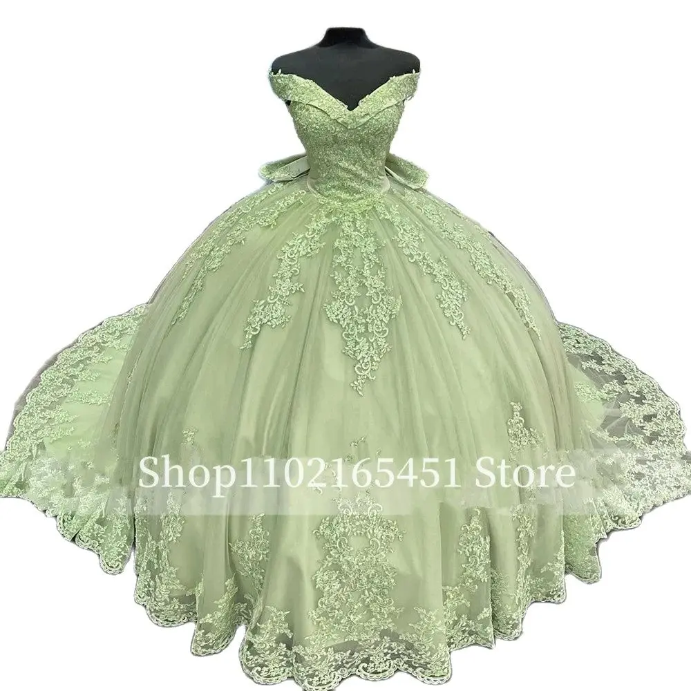 Sage Green Princess Quinceanera Dresses Lace-up Corset Applique 3D Big Bow Off Shoulder Sweet 16 Prom vestidos de 15 Customized