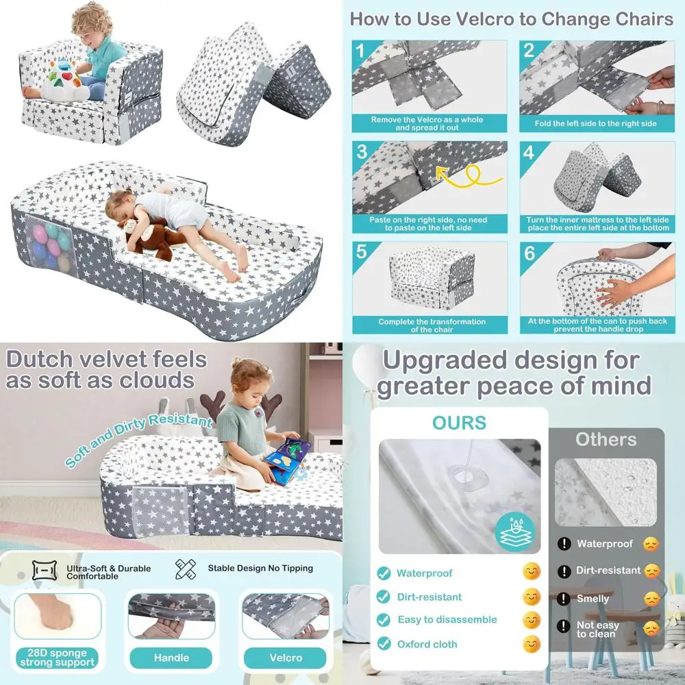 Portable Toddler Bed & Chair Combo - Convertible Crib with Storage, Waterproof Cloth, Washable Cover, Soft Velvet (Stars)
