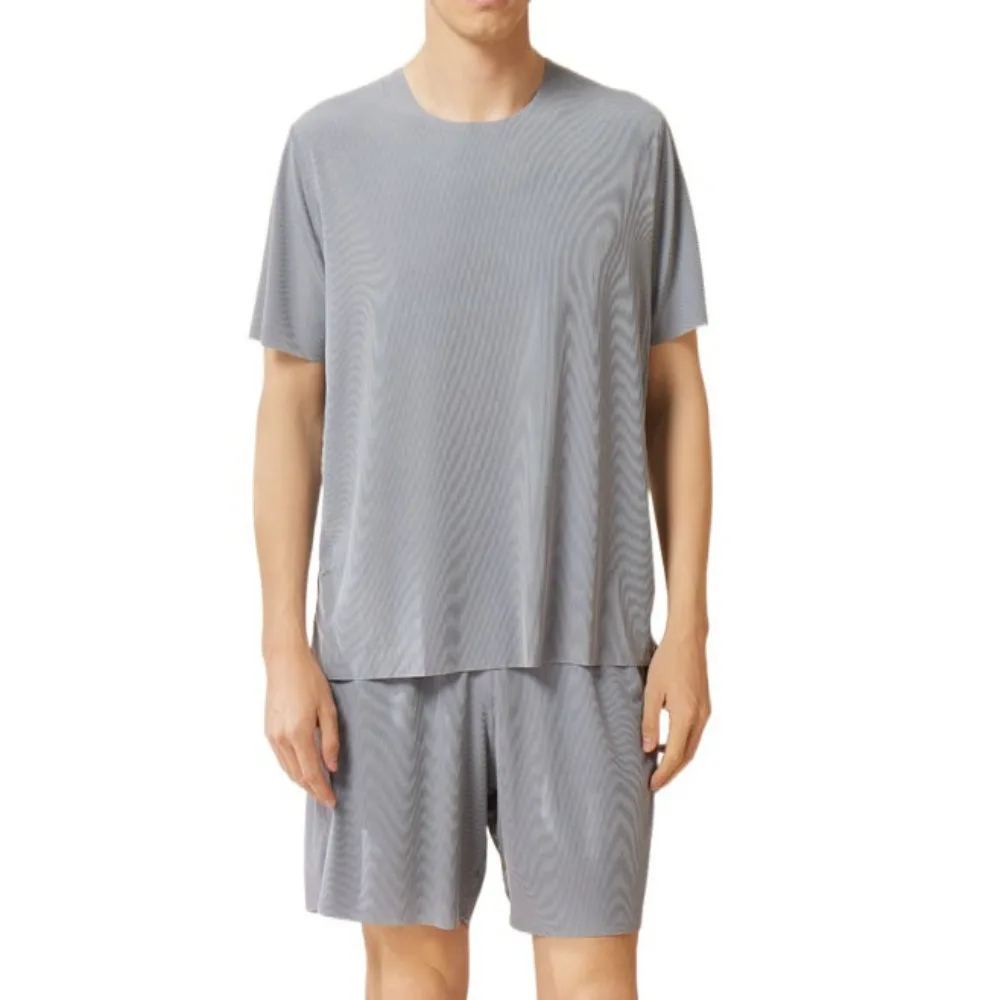 

Casual Seamless Short Sleeve Sleepwear Suit Loose Simple Men Summer Pajamas Home Wear Ice Silk 2Piece Nightwear Set Women