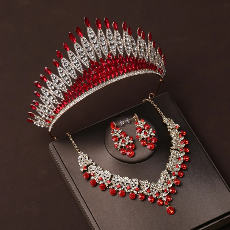 Quality Red Rhinestone Crystal Necklace Earring Crown Bridal Jewelry Sets for Women Bride Wedding Party Tiaras and Crowns Sets