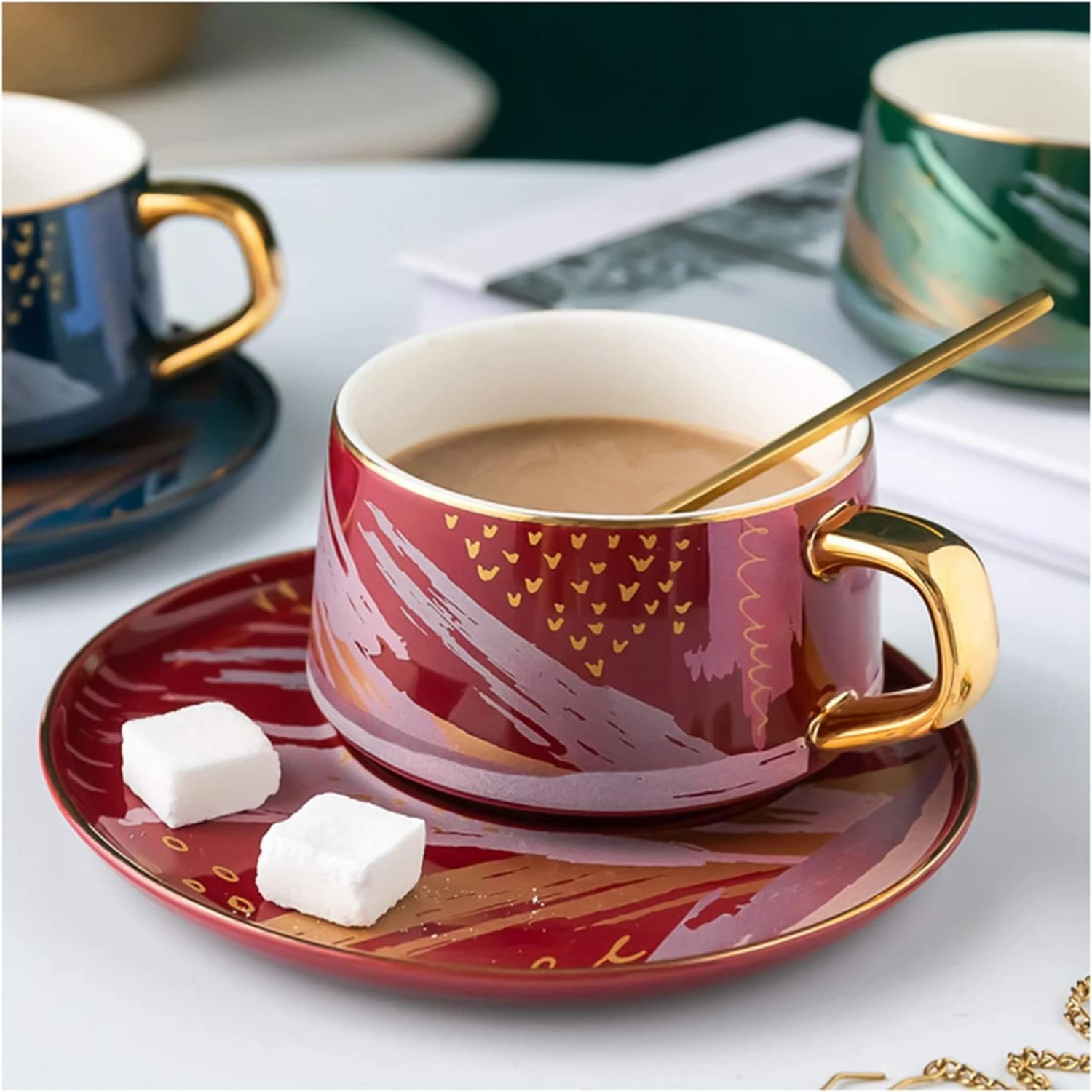 

Elevate Your Home with this Exquisite Beautiful and Elegant British Ceramic Coffee Mug Set with Saucer and Spoon - Ideal for Tea