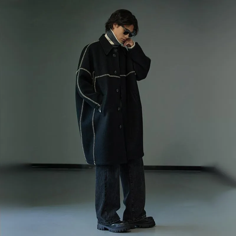 HKSH Design Original Spring Autumn Winter Men Tide Chic Ins Unique Oversized Long Length Wool Windbreaker Y2K Vibe Coats HK27848