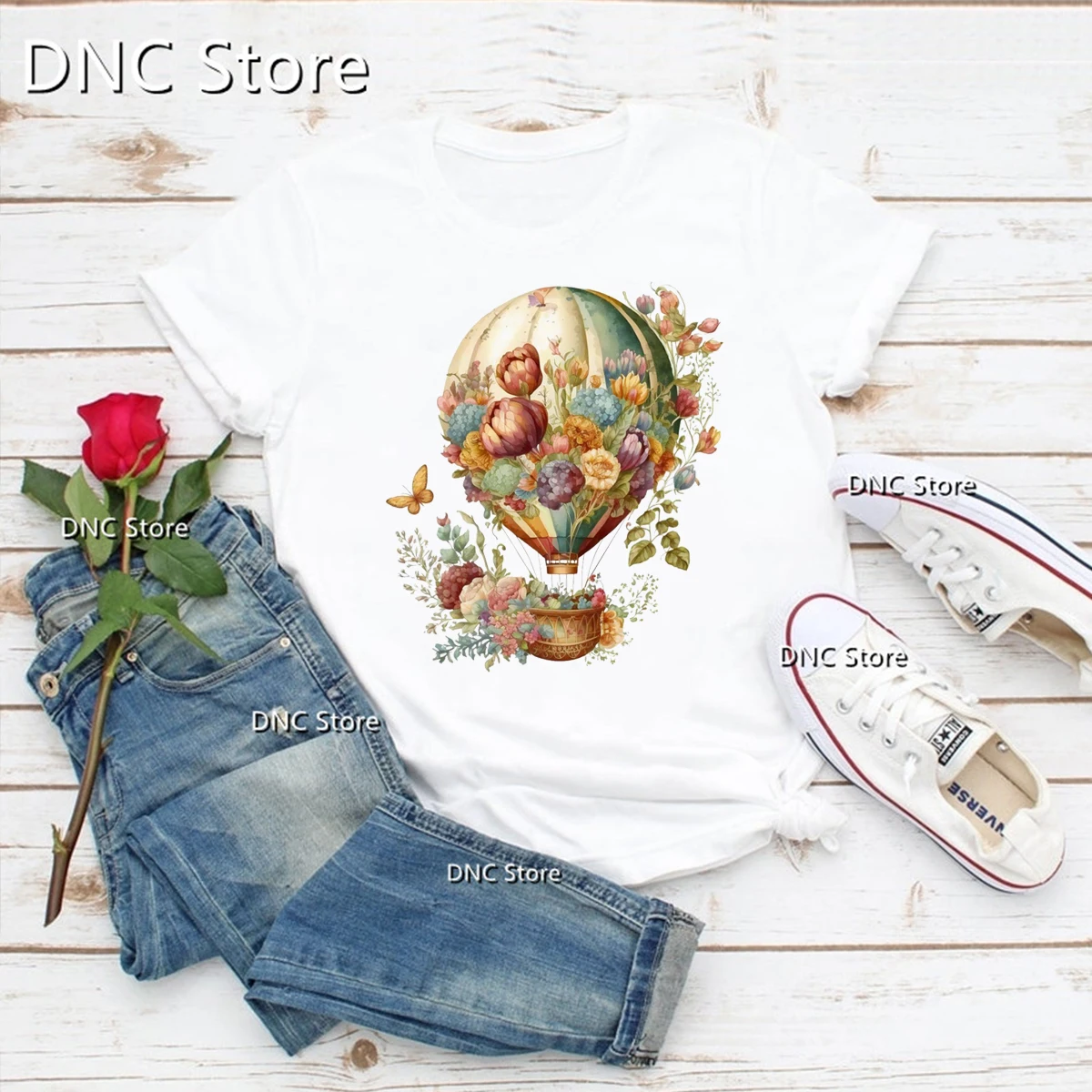 2024 New Women's T-shirt Fun Watercolor Flower Hot Air Balloon Graphic Print Tshirt Fashion Trend Femme T Shirt O-neck Shirt Top