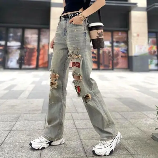 Luxus Marken Hohe Qualität Frau 2025, Sommer Neue Brief Stickerei Zerrissene Jeans frauen Hohe Taille Dünne Design Gerade Hosen