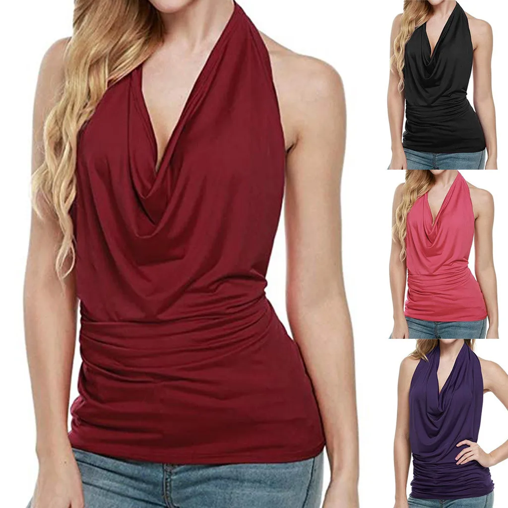 Sexy Off Shoulder Halter Tank Top Women Summer Casual Solid Color T-Shirt Elegant Backless Cowl Neck Drape Camisole Vest Blouse