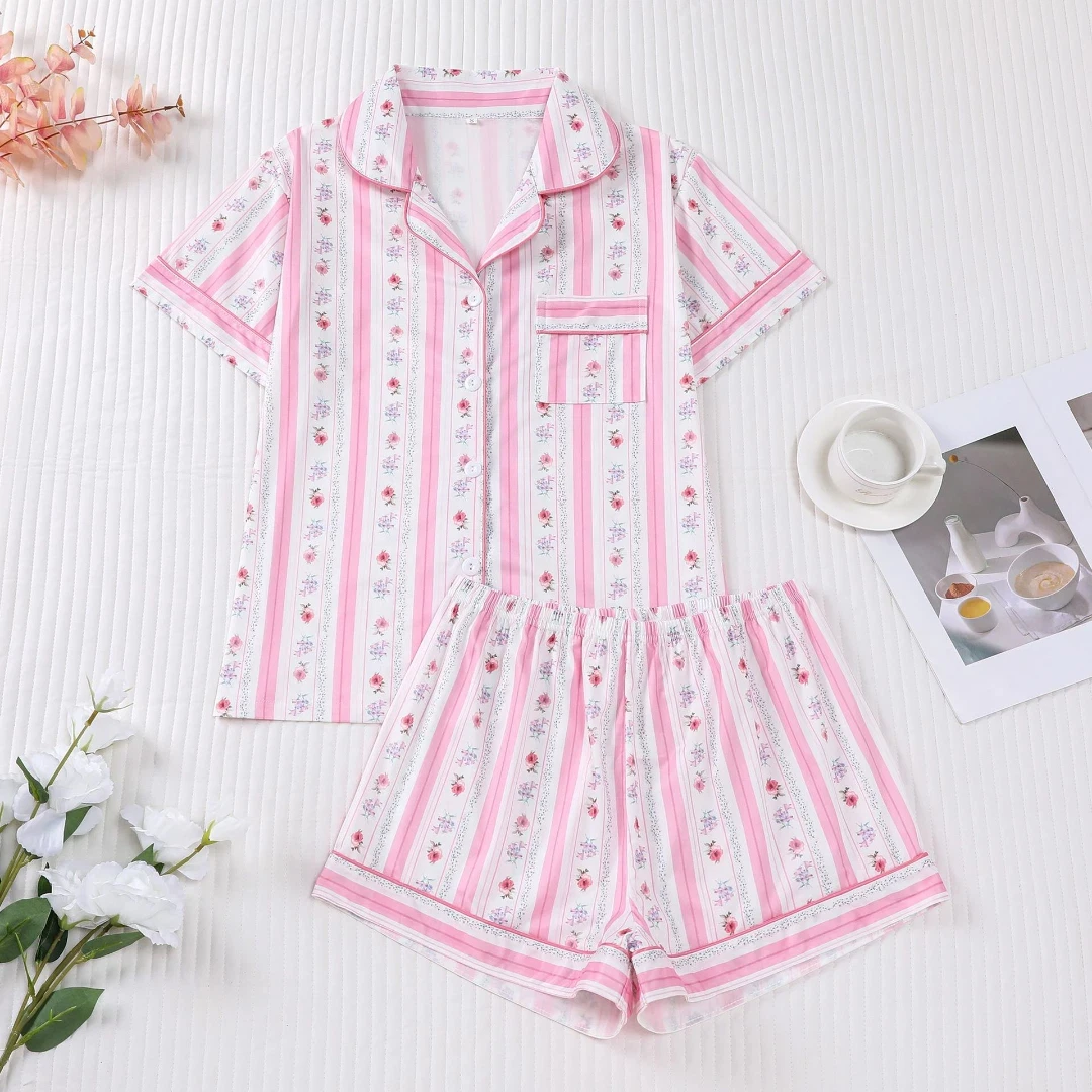 

Christmas Themed Pajama Pink striped flowers Print Lapel Short Sleeve Short Trousers Loungewear Home Wear Set Clothes Gifts for