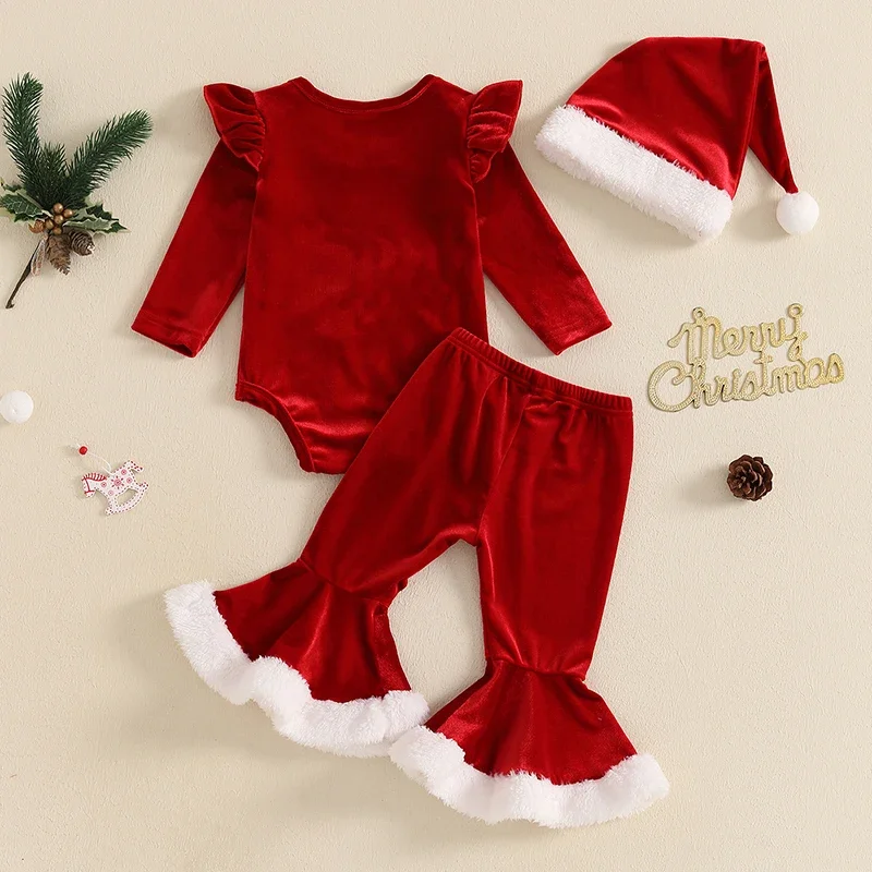 Baby Girls Christmas Outfit Infant Embroidery Santa Claus Romper with Patchwork Flare Pants Hat Newborn Clothes