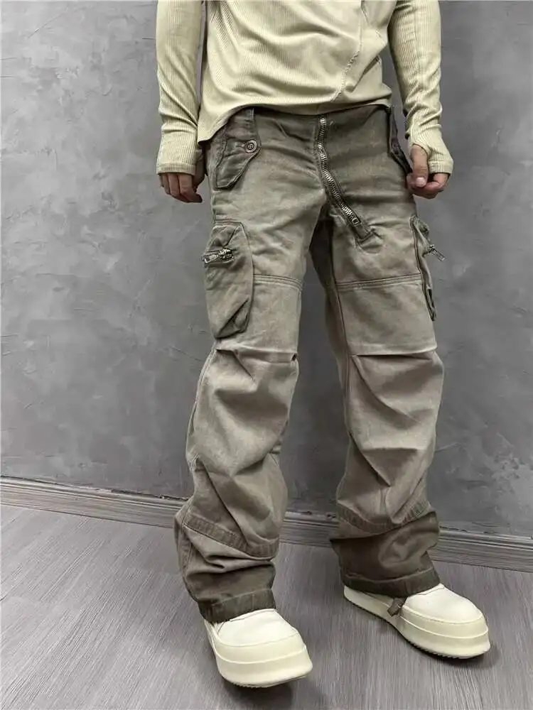 HKSH 男性ヘビーレトロウェイストランド洗浄レトロサファリスタイルカーゴパンツパンクパーソナライズされた斜めジッパーポケットオーバーオール HK4584