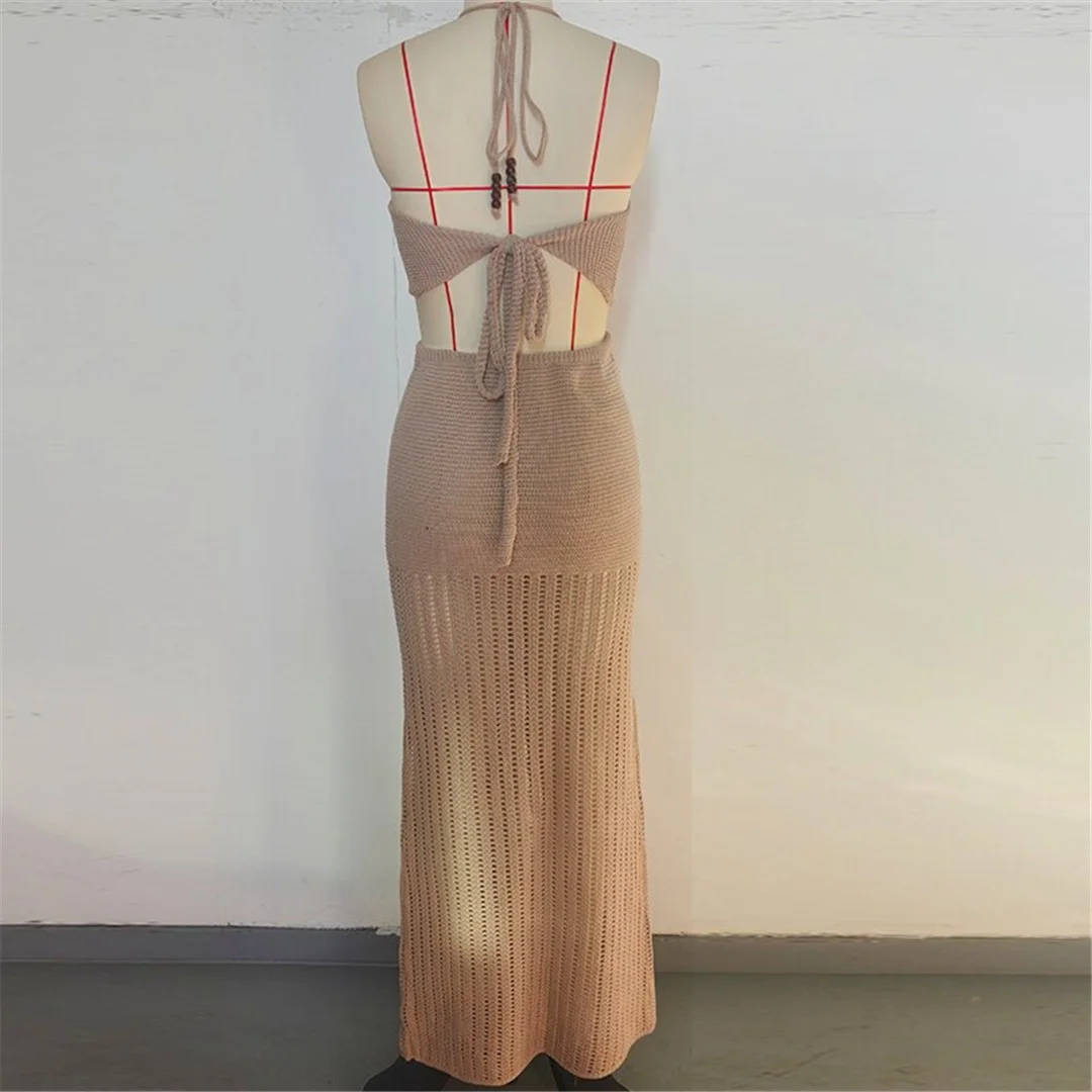 V-Ausschnitt, Halterneck, einfarbig, gehäkelt, gestrickt, zweiteiliger Anzug, Strandkleid, Strandmode, Strandbekleidung, Strandüberwurf, Damen, V7648 – Detail 13