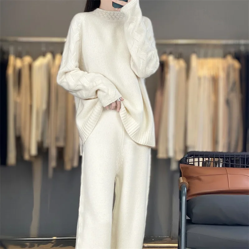Autumn Winter O-Neck Long Sleeve Long Pants Thick Set Women's 100% Merino Wool Casual Minimalist Sweater Set Warm Soft Knitwear