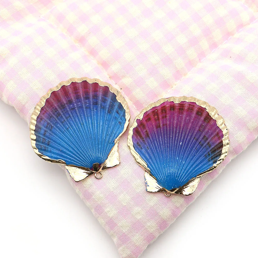 5pcs Enchanting Blue-Purple Ombre Scallop Shell Pendant Gold-Plated Edge Enveloping Dyed Shell Trendy Necklace Earring Accessory