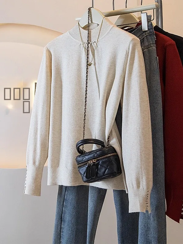 

Женский вязаный свитер оверсайз на осень-зиму с высоким воротником, нейтрального цвета, универсальный базовый слой, удобный и мягкий...