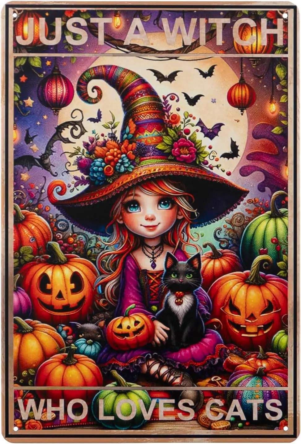 Tzhome Just A Witch Who Loves Cats Halloween Tin Sign,Retro Vintage Metal Sign for Halloween Wall Decor,Home Decor,in