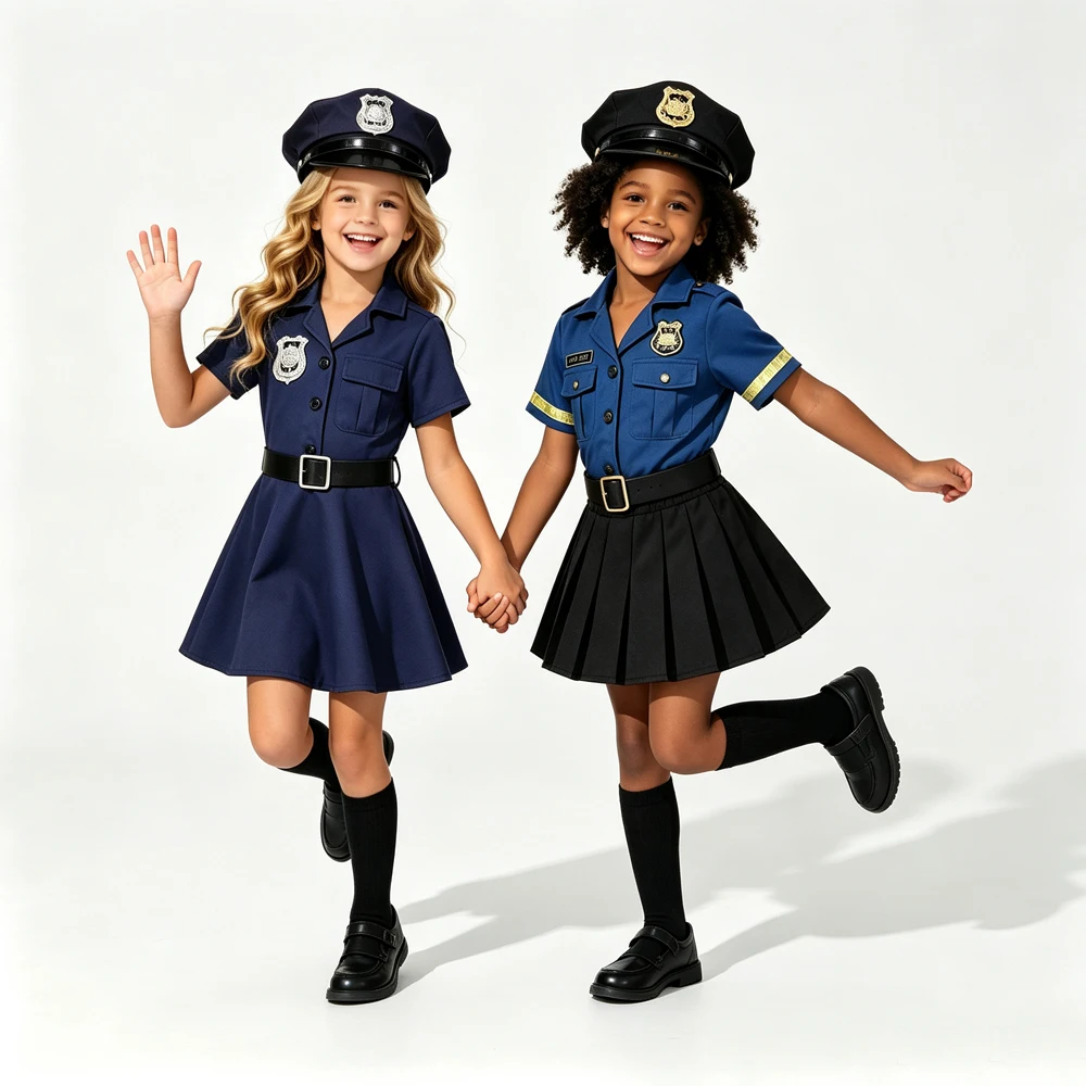 Halloween Girls Police Officer Costume Toddler Girls Cop Uniform Dress Navy Blue Short Sleeve Dress with Hat Belt for Role Play