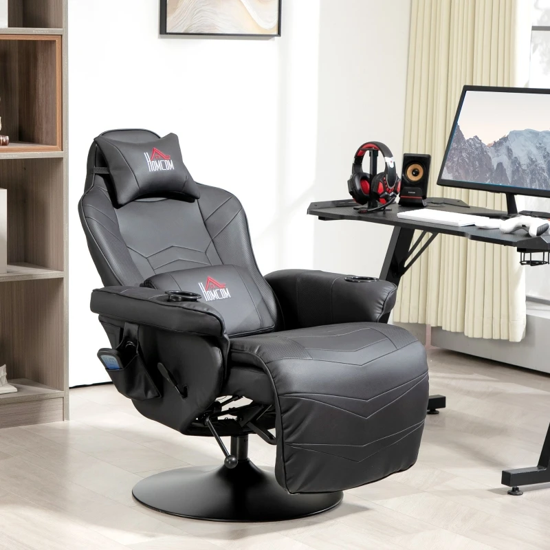 Silla de juego negra con función de masaje, respaldo reclinable y reposapiés – Soporta 120 kg, estructura de acero y piel sintética – Ahorra espacio para oficina en casa, sala de juegos o sala de estar – Resistente, fácil de montar – Moderna y cómoda
