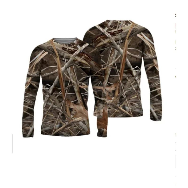 

3D Printed Leaf Camouflage Long Sleeve T-Shirt Outdoor Fishing Camping O-Neck Tees For Men Loose Breathable Quick Drying Clothes