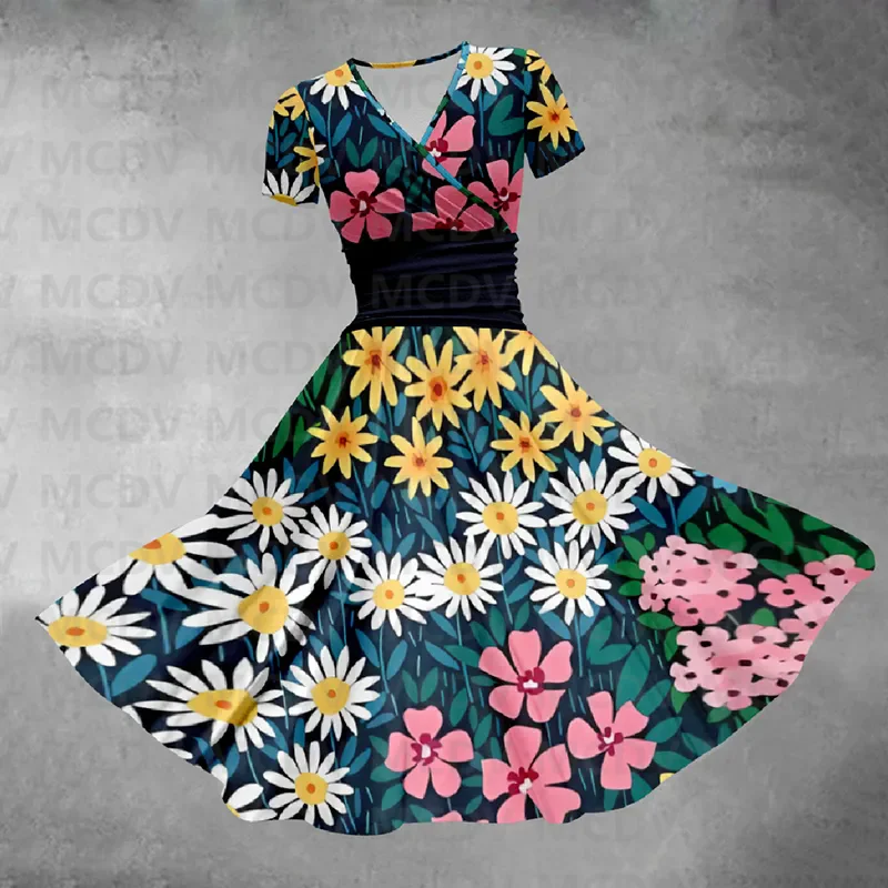 Multicolor Flower Print V-neck Summer Midi Dress Women's Sexy V-neck Dress Female Dresses