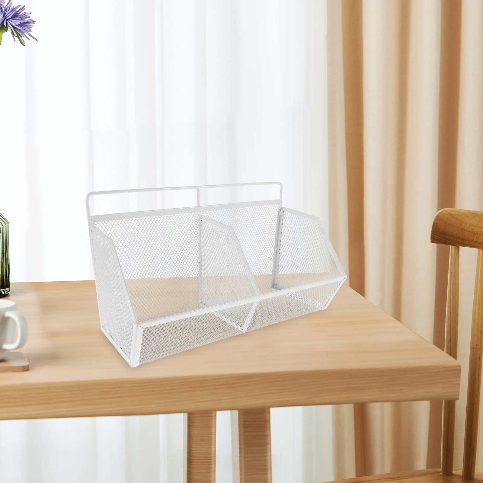 2 Compartment Metal File Basket: White Iron Desktop Organizer Rack For Office Storage, Magazine Paperwork Sorting, Mesh Document