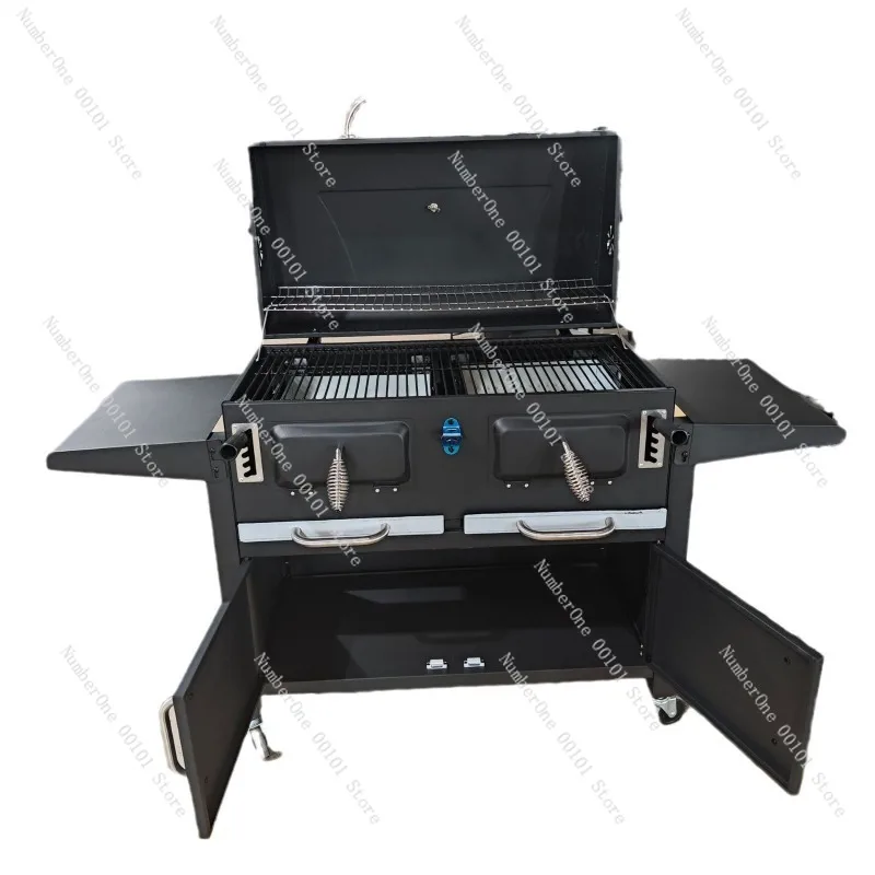 Large American Style Camping Charcoal Grill, Thickened Square Outdoor Smoker for Courtyard Garden and Home Barbecue